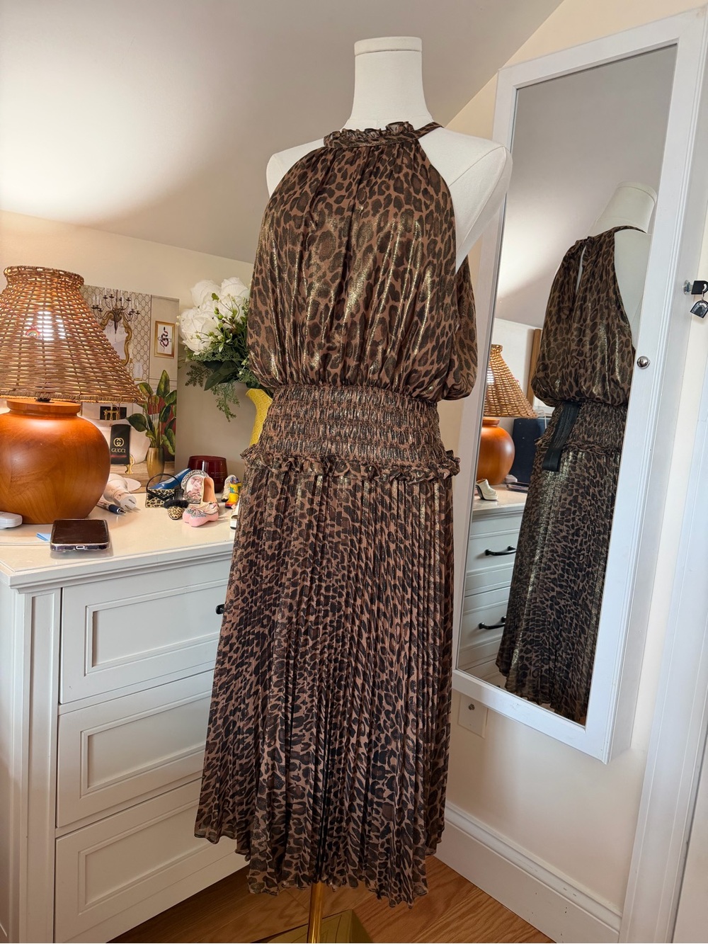 BCBGMaxAzria Brown Leopard Halter Maxi Dress